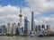 Oriental Pearl Tower, Lujiazui, Pudong, Shanghai, China.  Shanghai Tower, Shanghai World Financial Center and other skyscrapers