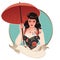 Oriental retro cartoon style PinUp girl, tattooed with flowers and carrying an umbrella. May and June. French Republican Calendar