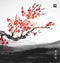 Oriental sakura cherry tree in blossom and landscape with far mountains. Traditional oriental ink painting sumi-e, u-sin