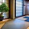 Oriental Serenity: An oriental-inspired meditation room with a tatami mat floor, a bamboo water fountain, and a bonsai tree, pro