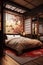 Oriental style bedroom interior with modern bed in luxury house