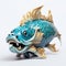 Oriental Style Chinese Fish Statue Aggressive Digital Illustration In Light Blue And Gold