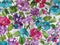 Oriental style floral background with violet, blue flowers and green leaves. Spring and lovely texture