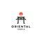 Oriental temple vector icon logo with red sun symbol illustration, japan shrine torii gate line logo