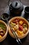 Oriental traditional chinese dumplings served in the wooden steamer