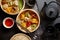 Oriental traditional chinese dumplings served in the wooden steamer