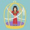 Oriental woman in gold cage vector cartoon