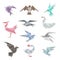 Origami bird set. Vector 3d abstract paper flying birds with wings on white background