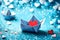 Origami boat with heart flag on glitter blue background Romantic, Valentines day concept Generated Ai