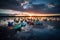 Origami boats in shades of blue and green, floating on a rippled water surface against a dramatic sunset sky