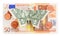 Origami butterfly sits on 50 euro banknote with coins isolated