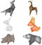 Origami with forest animals, figures from paper, a white hare, a red fox, a brown deer and a bear, a gray boar, origami a rabbit,