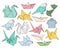 Origami hand drawn vector set, folder paper art color animals, birds, boats, planes shapes