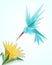 Origami hummingbird with flower. Paper 3D humming bird vector illustration