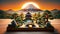 Origami Japanese Garden with Mount Fuji at Sunset