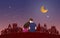 Origami Paper art of Romantic couple sitting on grass floor looking meteor from the sky in twilight time