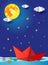 Origami Paper boat at night on blue sea ocean. Surreal seascape with full moon with clouds and star, paper art style