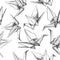 Origami paper cranes set sketch seamless pattern. black line