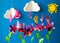 Origami paper flowers, butterflies, clouds and sun.