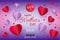 Origami paper hearts in red and violet colors on gradient background for Moithers Day sale banner.