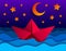Origami paper ship toy swimming in the night with moon and stars, curvy waves of the sea,beautiful vector illustration in paper