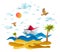 Origami paper ship toy swimming in ocean waves with beach and palms, beautiful vector illustration of scenic seascape with toy