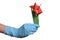 Origami paper tulip in hand with rubber gloves
