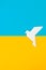 Origami peace dove on yellow and blue background in support of Ukraine