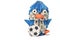 An origami penguin plays with a soccer ball.