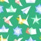 Origami seamless pattern with flat icons. Paper cranes, bird, boat, plane vector illustrations. Colored background green