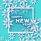 Origami Snowfall. Happy New Year Greetings card.. Merry Christmas. White Paper cut snow flake. Winter snowflakes. Square
