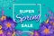 Origami violet Super Spring Sale Flowers Banner. Paper cut Floral card. Spring blossom. Happy Womens Day. 8 March. Text