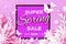 Origami white Super Spring Sale Flowers Banner. Paper cut Floral card. Spring blossom. Happy Womens Day. 8 March. Text