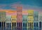 Original art, watercolor painting of buildings, city houses on a sunset background, Cuba Havana