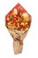 Original bouquet consisting of different varieties of sausage, meat, smoked cheese, tomatoes, pepper and bread as a gift