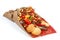 Original bouquet consisting of different varieties of sausage, meat, smoked cheese, tomatoes, pepper and bread lies on the white b