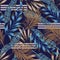 Original bright seamless pattern with colorful tropical leaves and plants on blue background. Vector design. Jungle print. Floral