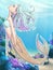 Original cartoon hand drawn fantasy illustration of a beautiful mermaid