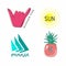 Original, creative, bright and unforgettable icons, icons, symbols of the summer. hand, sun, fruit, sail, yacht, sea and long-awai