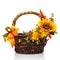 Original dark brown wicker basket with floral arrangements. Great scenery with yellow flowers, greenery and a large sunflower