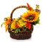 Original dark brown wicker basket with floral decoration on white background. Decor of yellow flowers and large sunflower flower.