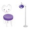 Original designer cat-chair and lamp. Elegant furniture in rich purple color isolated on white background. Vector illustration.