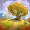 Original digital cartoon illustration with huge tree in autumn season