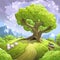 Original digital cartoon illustration with huge tree in summer season