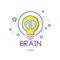 Original emblem with energy brain and lightbulb. Smart solution or creative idea. Abstract illustration in linear style