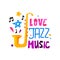 Original emblem for jazz festival. Abstract logo with saxophone, stars and musical notes. Flat vector design