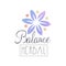 Original emblem template with watercolor flower and lettering. Herbal balance. Purity natural element. Wellness and