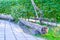 Original empty wooden bench in the park. Summer. Russia