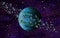 Original Exotic fantasy blue Alien Planet with asteroid belt around it.