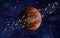 Original Exotic fantasy orange Alien Planet with asteroid belt around it. Space scene environment